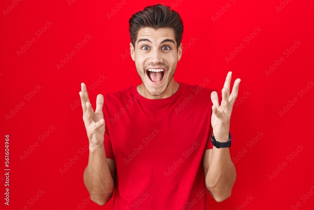 Young hispanic man standing over red background celebrating crazy and amazed for success with arms raised and open eyes screaming excited. winner concept Young hispanic man standing over red background celebrating crazy and amazed for success with arms raised and open eyes screaming excited. winner concept