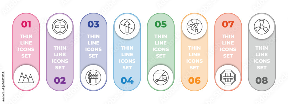 traffic signs infographic element with outline icons and 8 step or option. traffic signs icons such as hill, hospital, barrier, no straight, no trucks, no insects, motorway, nuclear vector. traffic signs infographic element with outline icons and 8 step or option. traffic signs icons such as hill, hospital, barrier, no straight, no trucks, no insects, motorway, nuclear vector.