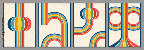Abstract lines retro background set. Vintage graphic pattern with stripes. Rainbow poster, cover or banner design template. Vector illustration.
