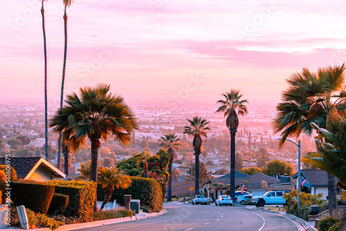 Canvas Print Hilltop landscape from Whittier, California overlooking los angeles and orange county during sunset with palm trees in a residential street