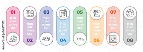 technology infographic element with outline icons and 8 step or option. technology icons such as receive money message, , customers, retro squared camera, recording, holidays, telephone connector,