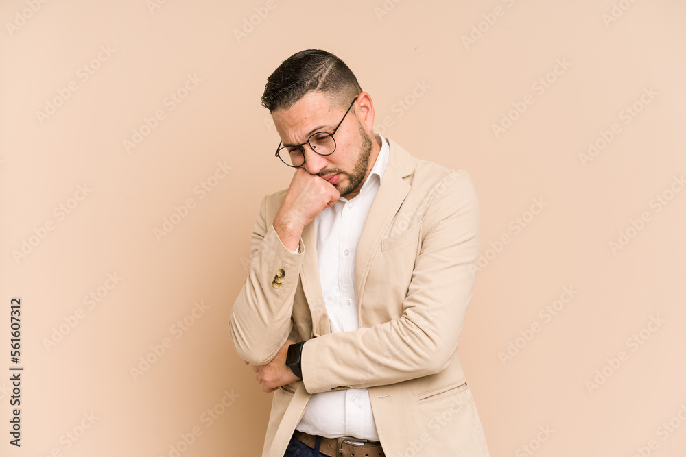 Adult latin business man cut out isolated who feels sad and pensive, looking at copy space. Adult latin business man cut out isolated who feels sad and pensive, looking at copy space.