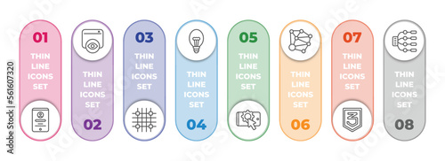 technology infographic element with outline icons and 8 step or option. technology icons such as user persona, impressions, grid system, electric light bulb, interaction, social graph, css3, type