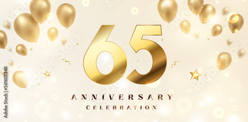 65th Anniversary celebration background. 3D Golden numbers with bent ribbon, confetti and balloons.