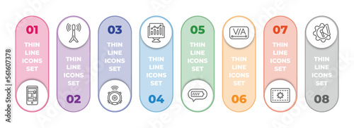 technology infographic element with outline icons and 8 step or option. technology icons such as touristic, internet value, robot vacuum, growth hacking, battery status, kerning, , marketing