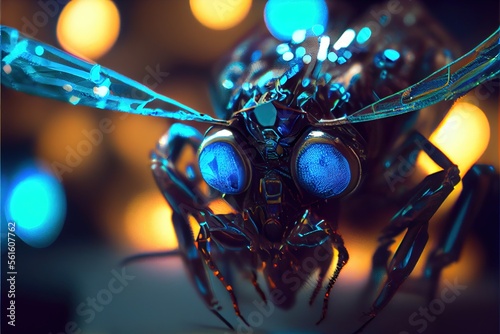 Glowing AI cyborg fly mosquito, menacing glowing, horror, digital, artificial intelligence, future, data, computer created with generative ai technology © Picture Office