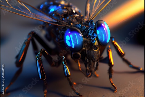 Glowing AI cyborg fly mosquito, menacing glowing, horror, digital, artificial intelligence, future, data, computer created with generative ai technology © Picture Office