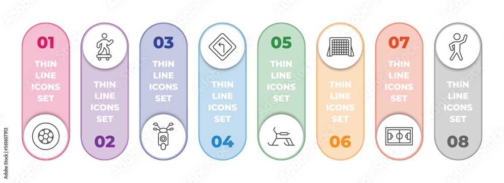 sports infographic element with outline icons and 8 step or option. sports icons such as football ball circular, skating, motor sports, left bend, skibob, hockey goal, football pitch, stretching sports infographic element with outline icons and 8 step or option. sports icons such as football ball circular, skating, motor sports, left bend, skibob, hockey goal, football pitch, stretching