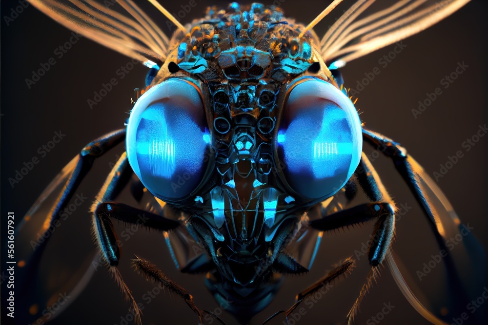 Glowing AI cyborg fly mosquito, menacing glowing, horror, digital, artificial intelligence, future, data, computer created with generative ai technology Glowing AI cyborg fly mosquito, menacing glowing, horror, digital, artificial intelligence, future, data, computer created with generative ai technology