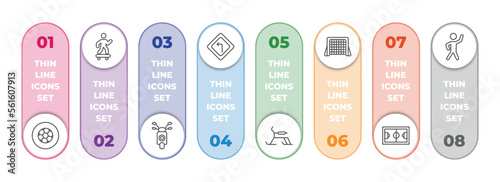 sports infographic element with outline icons and 8 step or option. sports icons such as football ball circular, skating, motor sports, left bend, skibob, hockey goal, football pitch, stretching