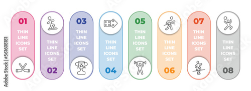 sports infographic element with outline icons and 8 step or option. sports icons such as hockey, snowboarding, sport trophy, board gaming, exercise gym, marathon champion, man balancing, man playing