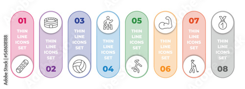 sports infographic element with outline icons and 8 step or option. sports icons such as snowboard, estadio, volleyball, pedestrian walking, breakdancing dancer, muscle, golf player hitting, medal