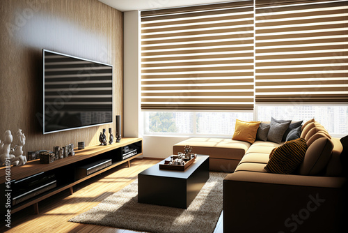 Photographie Modern interior living room design and decoration in earth tone and natural color furniture fabric sofa tv on woonden wall sunlight from blinds window