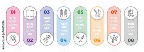 sports infographic element with outline icons and 8 step or option. sports icons such as equipment, foil, home run, shin guards, ski poles, breakdance, wushu, golden medal vector.