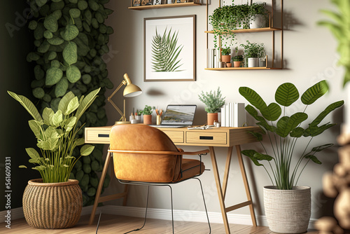 Foto Stylish home office design includes a wooden desk, natural elements, an avocado plant, a bamboo shelf, plants, and rattan accents