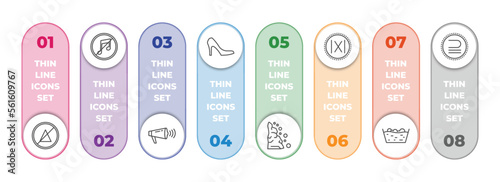 signs infographic element with outline icons and 8 step or option. signs icons such as no bleaching, no music, shout, high heels, landslide, absolute, washing, is a sub of vector.