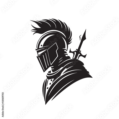 Medieval knight in armor, vector logo. Simple clean modern icon of a warrior with shield and helmet going to battle. Military soldier. Idea of protection, security. Business mascot. Sword badge.