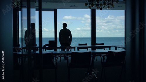 Ceo man silhouette thinking sea panorama window. Leader person looking at water