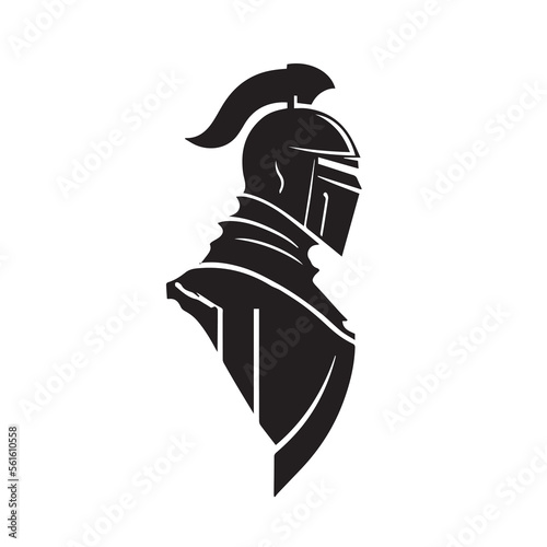 Medieval knight in armor, vector logo. Simple clean modern icon of a warrior with shield and helmet going to battle. Military soldier. Idea of protection, security. Business mascot. Sword badge.