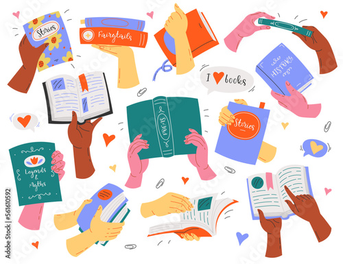 Hands holding books flat icons set. Different colorful book covers on palm. Education for everyone. Learning