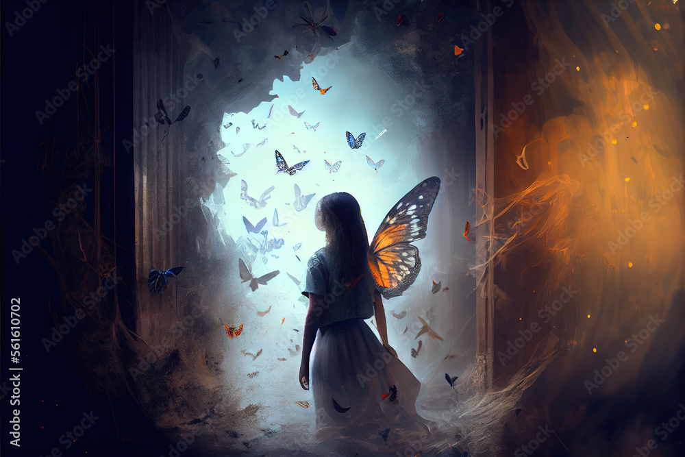 The girl frees the butterfly from moment Concept of freedom, Generative AI