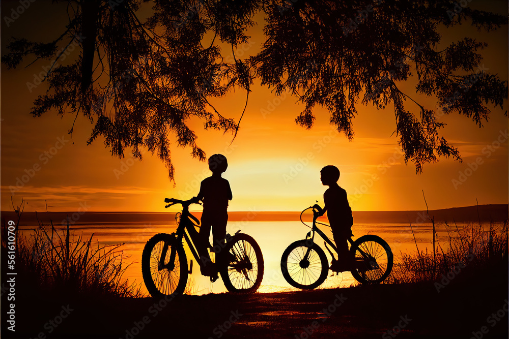 Obraz premium Two little boys bike silhouette Moments of the childs joy with Generative AI