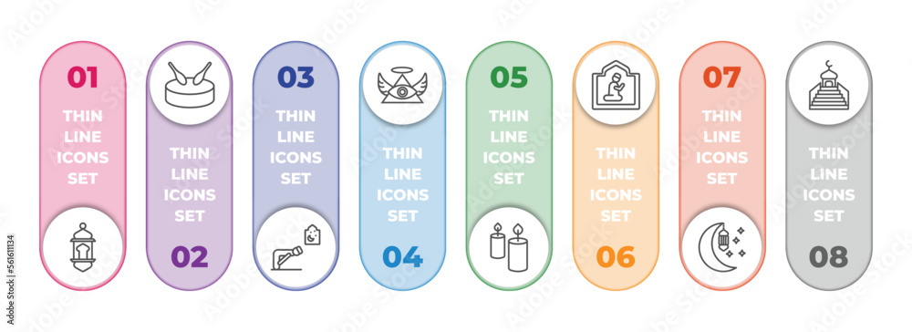 religion infographic element with outline icons and 8 step or option. religion icons such as arabian lantern, eyd drum, ruku posture, god, candles, islamic pray, ramadan month, islamic minbar religion infographic element with outline icons and 8 step or option. religion icons such as arabian lantern, eyd drum, ruku posture, god, candles, islamic pray, ramadan month, islamic minbar