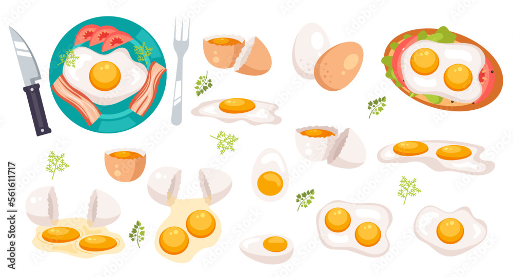 Fried boiled cracked chicken cartoon eggs. Morning breakfast variation with egg sandwich concept. Food dish meal preparing ingredients isolated set. Vector cartoon graphic design element illustration