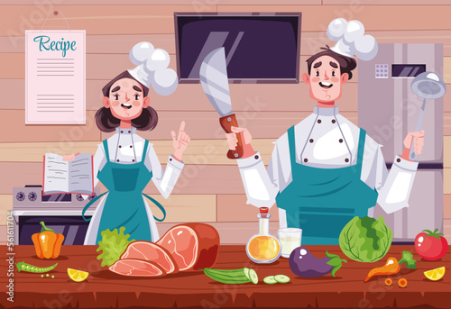 People chef man woman characters cooking food standing on kitchen. Meat, fish and vegetable restaurant dishes preparing concept. Vector cartoon graphic design element illustration