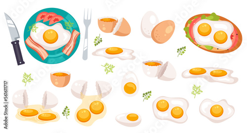 Fried boiled cracked chicken cartoon eggs. Morning breakfast variation with egg sandwich concept. Food dish meal preparing ingredients isolated set. Vector cartoon graphic design element illustration