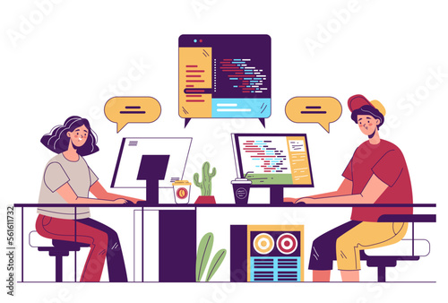 Coders programmers developers characters collaborating and working at new code online by internet communication. Office environments and writing new code together. Modern simple line outline hand draw