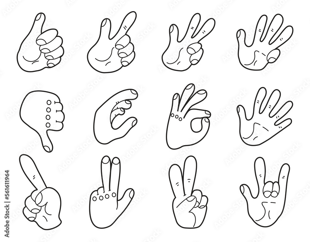 Fototapeta premium Hand arm different cartoon gesture isolated on white background set. Modern simple line outline style. Vector cartoon graphic design element illustration