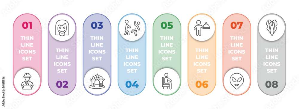 people collection. thin infographic element with outline icons and 8 step or option. people collection. thin icons such as architech working, girl smile, team success, helping other to jump, sit people collection. thin infographic element with outline icons and 8 step or option. people collection. thin icons such as architech working, girl smile, team success, helping other to jump, sit