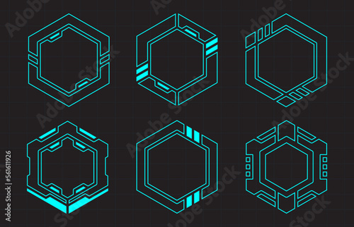 Hexagon futuristic frame hud. Abstract geometric shape vector design for digital technology.	