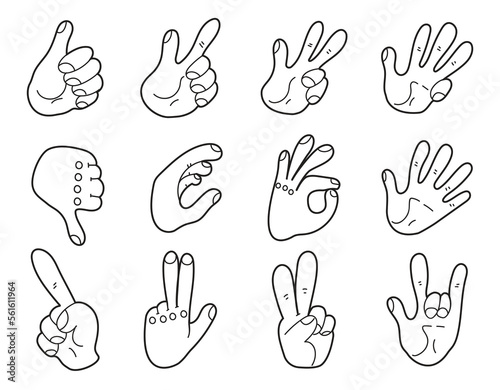 Hand arm different cartoon gesture isolated on white background set. Modern simple line outline style. Vector cartoon graphic design element illustration