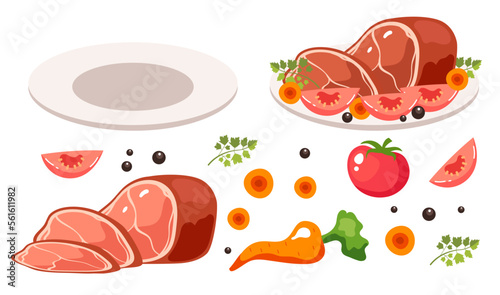 Meat meal isolated set. Cooking ingredient recipe barbecue steak beefsteak restaurant menu concept. Vector cartoon graphic design element illustration