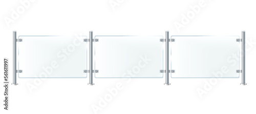 Glass or plexiglass fence with banisters. Architectural guardrail for balcony or office terrace.