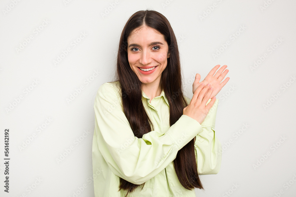 Young caucasian woman isolated on white background feeling energetic and comfortable, rubbing hands confident. Young caucasian woman isolated on white background feeling energetic and comfortable, rubbing hands confident.