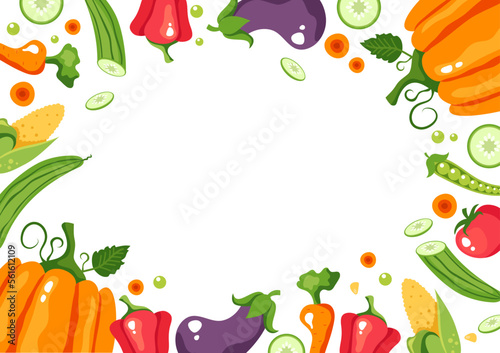 Exotic summer vegetable frame border banner cover concept. Vegetarian healthy food decoration tropical wallpaper. Vector cartoon graphic design element illustration