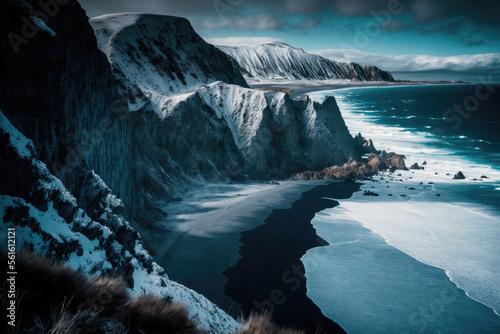 Scandinavian coast in winter illustration, winter cliff scenery, beautiful shore, generative ai