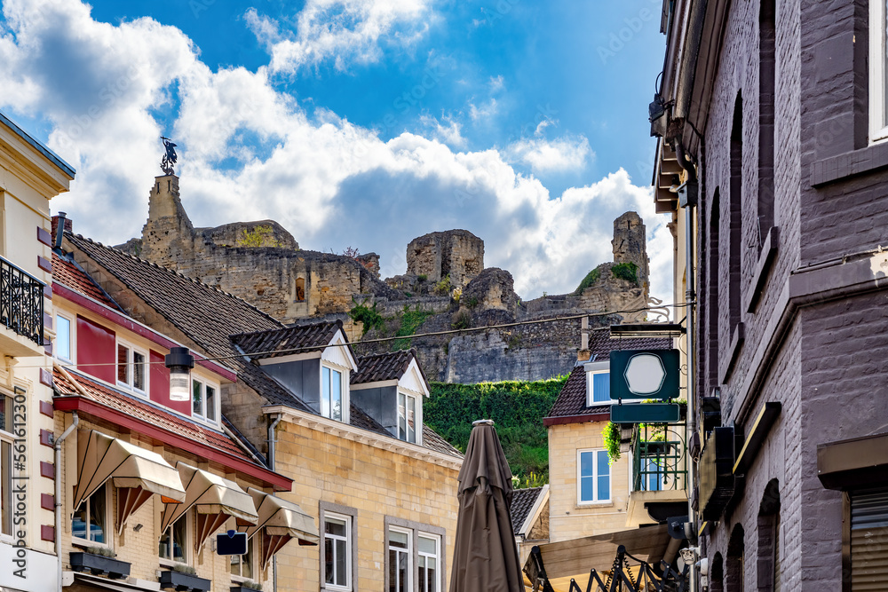 Cityscape of the idyllic old town Valkenburg with view to the fortress, Netherlands