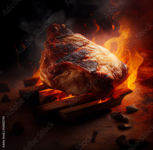 A juicy piece of meat from a wild animal on a fire in a dark forest. Close-up