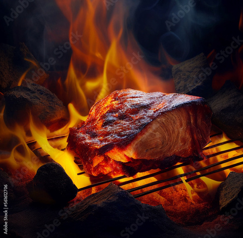 A juicy piece of meat from a wild animal on a fire in a dark forest. Close-up