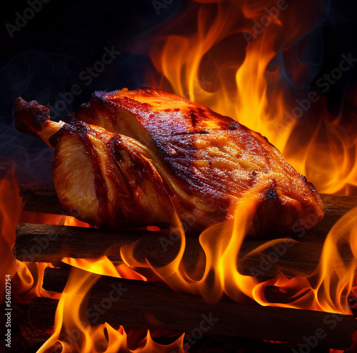 A juicy piece of meat from a wild animal on a fire in a dark forest. Close-up