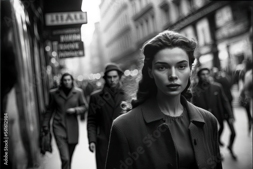 young woman walking in paris in 1950.. monochromatic vintage. This image was created with generative AI,
