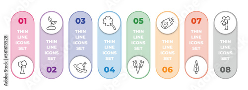 nature infographic element with outline icons and 8 step or option. nature icons such as tree with white foliage, grows, saturn with his ring, four leaf clover, two roses, asteroids, arborvitae