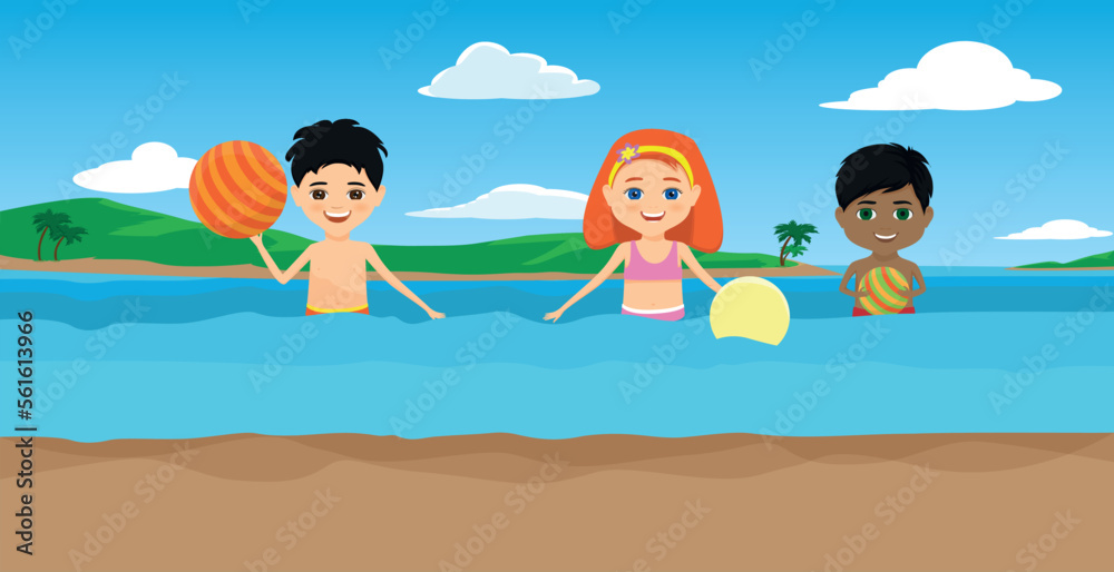 children swimming and playing in the sea