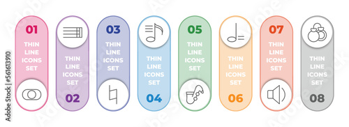 music infographic element with outline icons and 8 step or option. music icons such as rec, bold double bar line, natural, playlist, jazz, minim, low volume speaker, castanets vector.