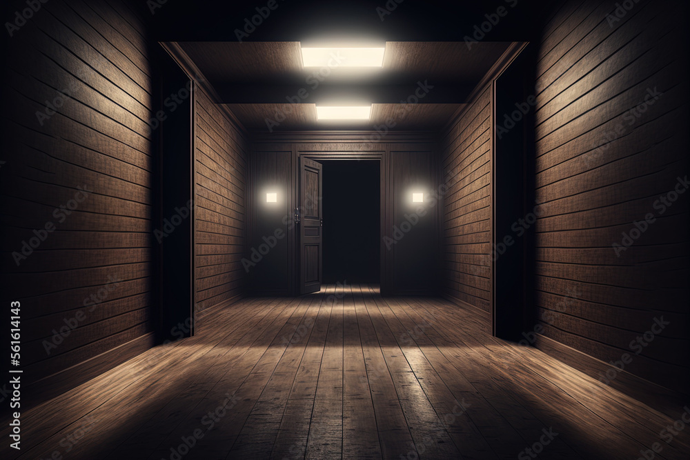 Wooden floor and walls with some lighting in a dark interior. Nobody here. Generative AI