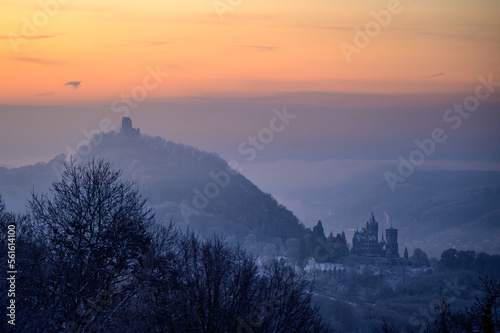 Ruins of the Drachenfels or Dragons Rock and Castle Drachenburg at sunrise